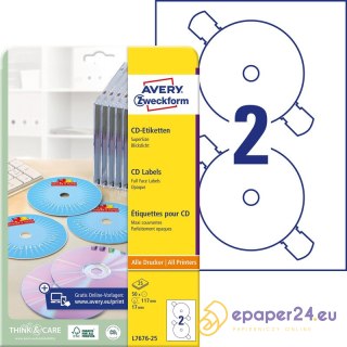 ETYKIETY A4 AVERY CD/DVD BIAŁE MATOWE (25)