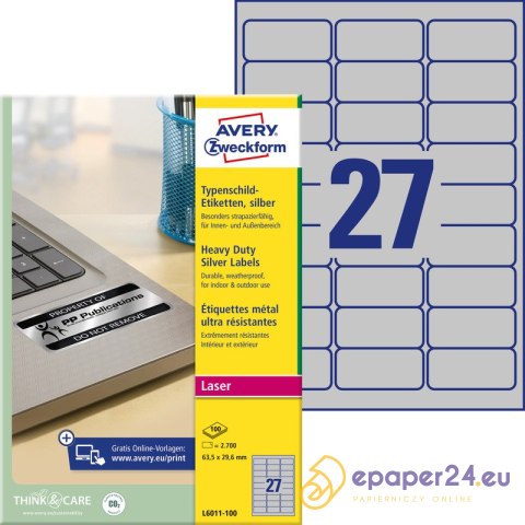 ETYKIETY A4 AVERY HEAVY DUTY 63,5*29,6mm SREBRNE (100)