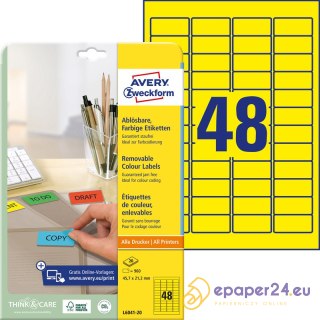 ETYKIETY A4 AVERY 45,7*21,2mm USUWALNE ŻÓŁTE (20)