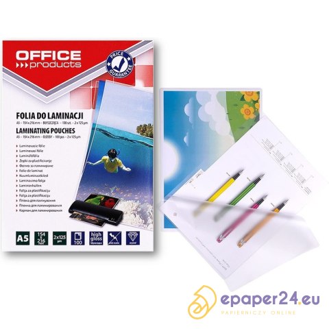 Folia laminacyjna Office Products A5 2x125µm błyszcząca (100) Folia laminacyjna Office Products A5 2x125µm błyszcząca (100)