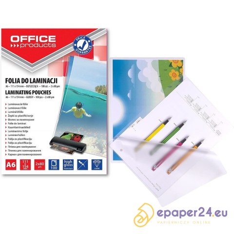Folia laminacyjna Office Products A6 2x80µm błyszcząca (100) Folia laminacyjna Office Products A6 2x80µm błyszcząca (100)