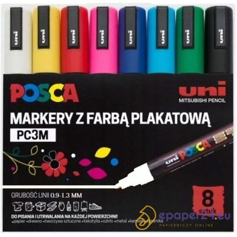 Markery z farbą plakatową Uni POSCA PC-3M 8 koloró Markery z farbą plakatową Uni POSCA PC-3M 8 koloró