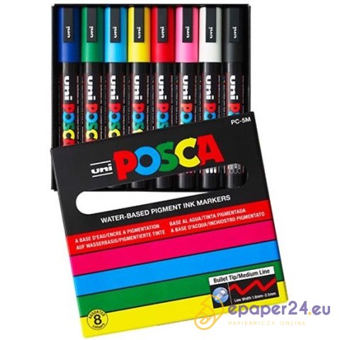 Markery z farbą plakatową Uni POSCA PC-5M 8 koloró Markery z farbą plakatową Uni POSCA PC-5M 8 koloró